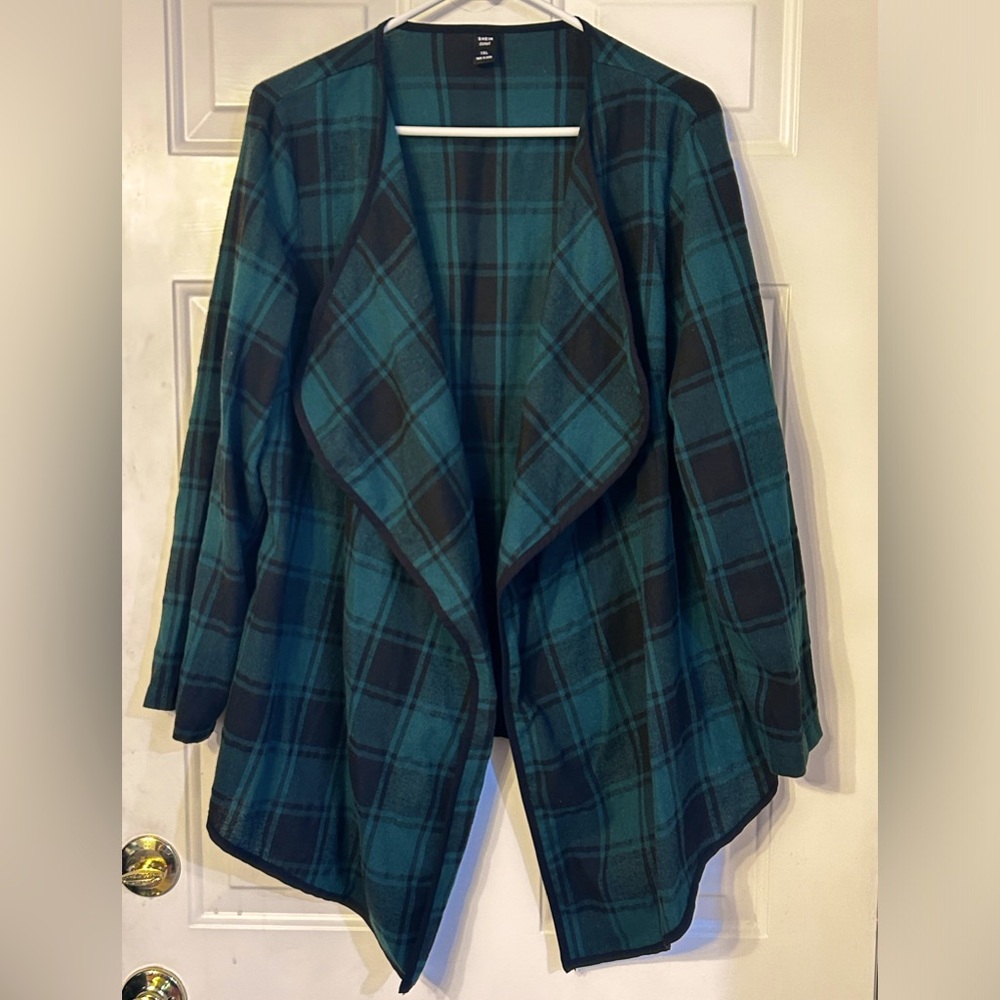 Green and black plaid draped open front blazer/cardigan, size 1X